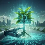 Immagine che illustra la fusione tra tecnologia e natura, con un albero che cresce su circuiti digitali e pannelli solari, rappresentando gli investimenti green 5.0 e l'innovazione sostenibile.