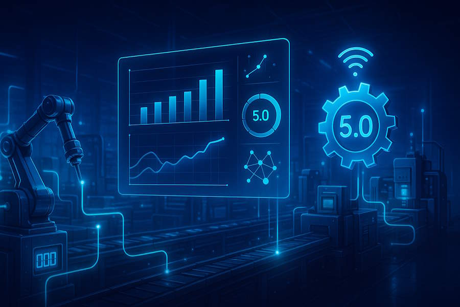 Visualizzazione monitoraggio energetico Transizione 5.0: fabbrica industriale intelligente con sensori IoT connessi, dashboard olografica per monitoraggio energetico in tempo reale (OEE + EnPI), linee dati luminose e analisi predittiva consumi.