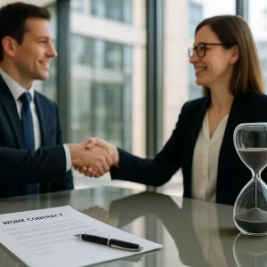 Stretta di mano professionale su un contratto con clessidra, rappresentazione della durata del periodo di prova lavoro e dei diritti del dipendente nel 2026