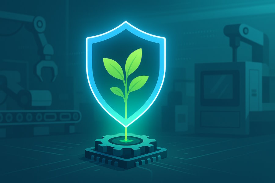 Illustrazione concettuale del Principio DNSH Transizione 5.0: uno scudo digitale olografico protegge un germoglio su un microchip industriale, simboleggiando il rispetto dei requisiti ambientali e la protezione degli incentivi 2025/2026.