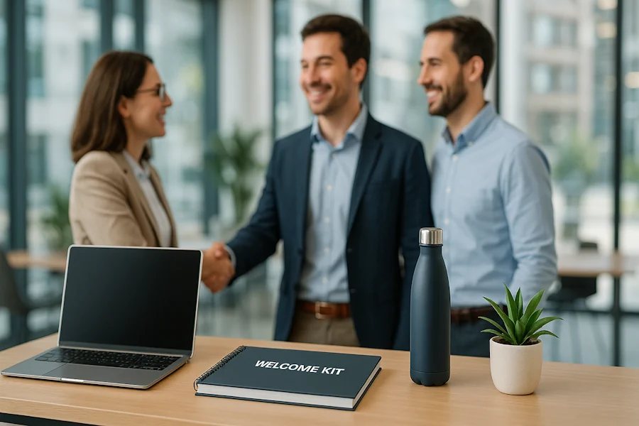 Esempio di onboarding aziendale efficace con Welcome Kit su scrivania e accoglienza del nuovo dipendente in un ufficio moderno nel 2026