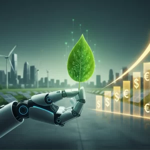 Rappresentazione concettuale della Transizione 5.0: un braccio robotico tiene una foglia con circuiti digitali, simboleggiando la fusione tra sostenibilità, investimenti green e crescita del profitto aziendale (ROI) mostrata da grafici olografici.