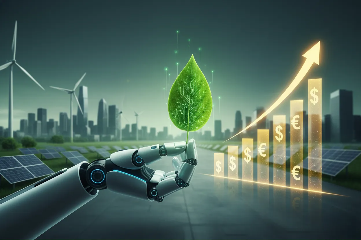 Rappresentazione concettuale della Transizione 5.0: un braccio robotico tiene una foglia con circuiti digitali, simboleggiando la fusione tra sostenibilità, investimenti green e crescita del profitto aziendale (ROI) mostrata da grafici olografici.