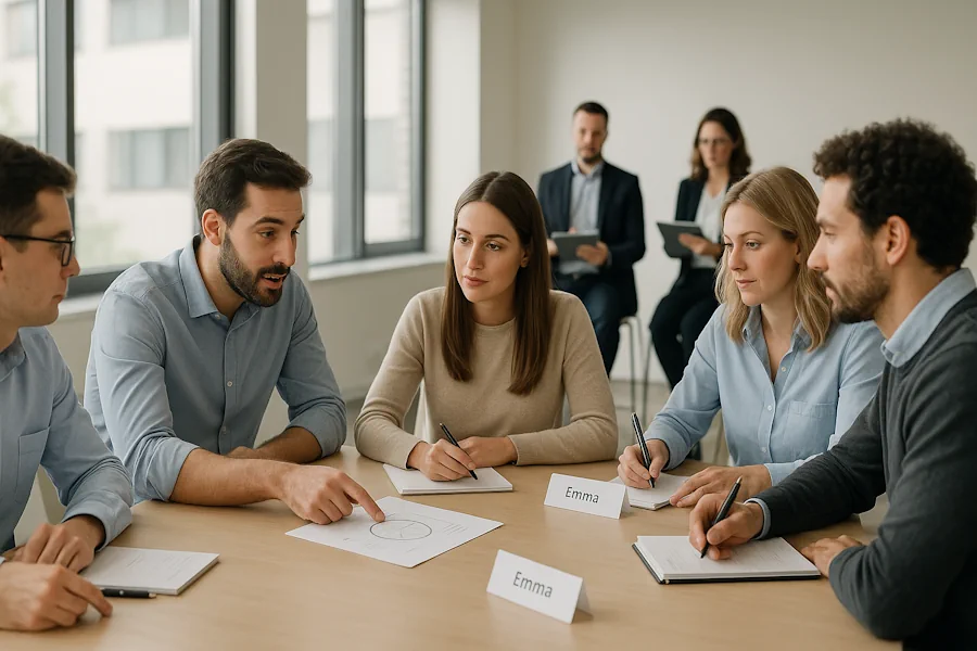 Candidati che collaborano durante una prova di gruppo in un assessment center aziendale sotto l'osservazione di recruiter professionisti.