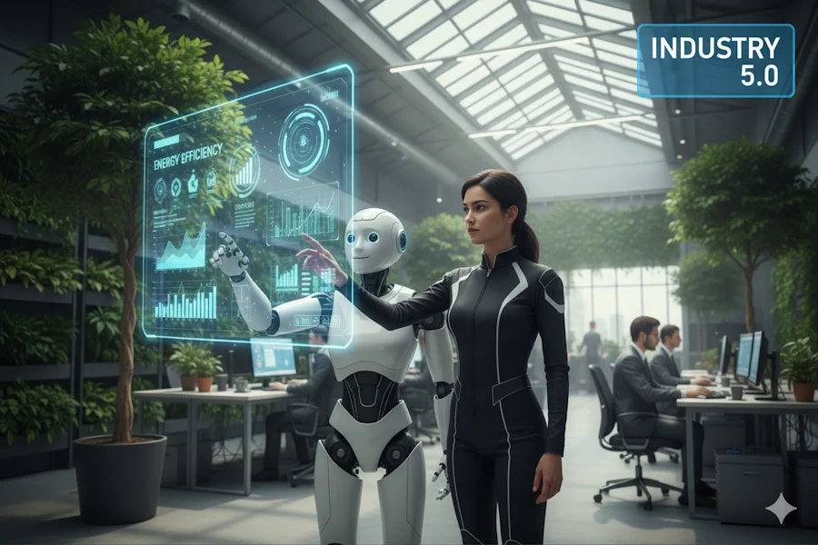 Ingegnere e cobot collaborano in una fabbrica smart sostenibile con interfaccia olografica, rappresentazione delle competenze Transizione 5.0 e gestione del cambiamento tecnologico.