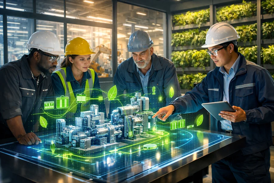 Gruppo di dipendenti in formazione su tecnologie digitali e green 5.0 con ologrammi industriali e dati energetici.