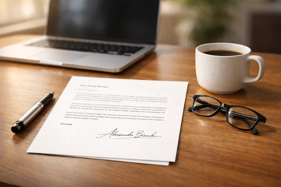 Lettera di motivazione professionale firmata su una scrivania moderna con laptop e caffè.