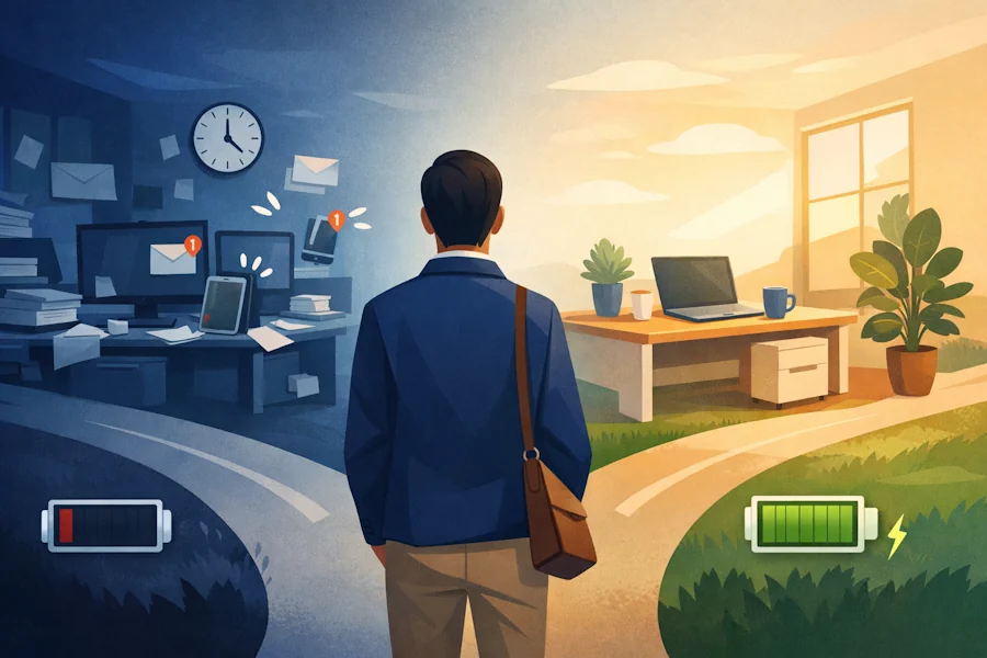 Illustrazione professionale bivio decisionale tra ambiente lavoro tossico e sostenibile per articolo burnout
