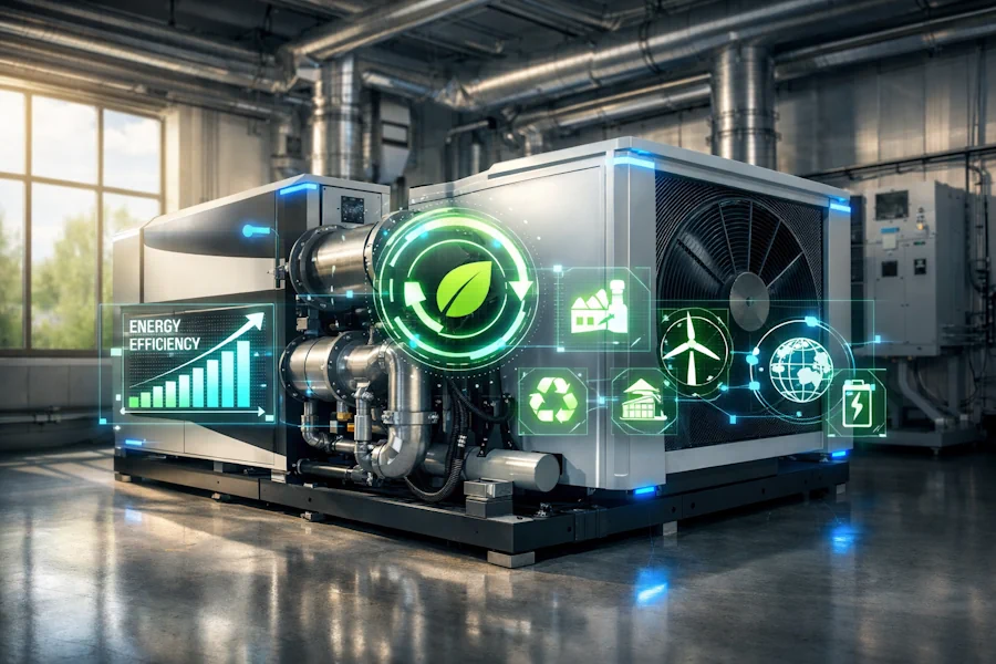 Pompa di calore industriale interconnessa con grafici di efficienza energetica per Transizione 5.0